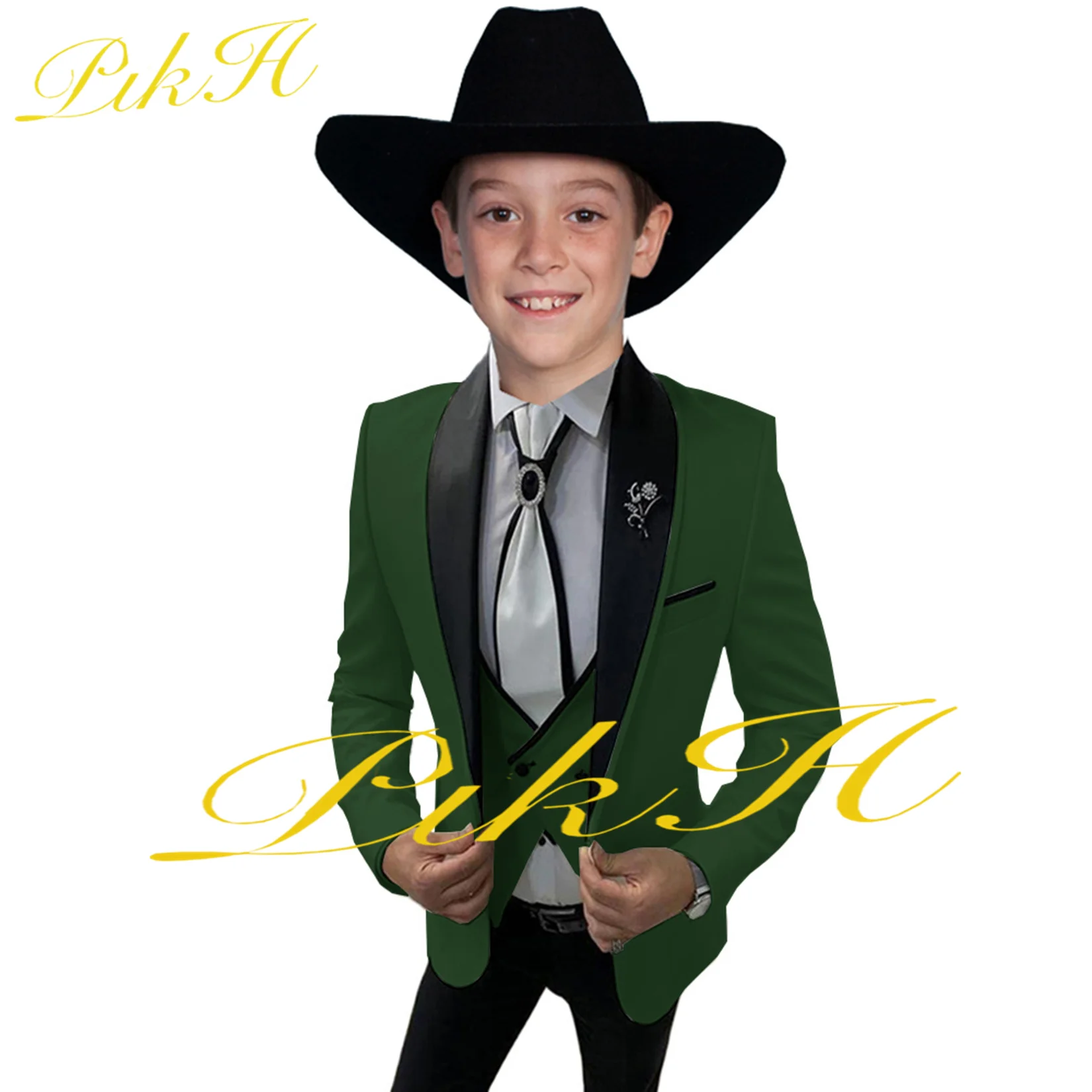 Dark Green Boys Suit Wedding Tuxedo Formal Dress Kids Jacket Pants Vest 3 Piece Slim Fit Outfit for Child