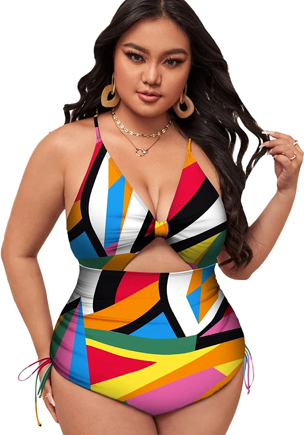 

2023 New High Waisted Swiming Suits Plus Size Floral Print Cutout Drawstring Monokini One Piece Swimsuit Women