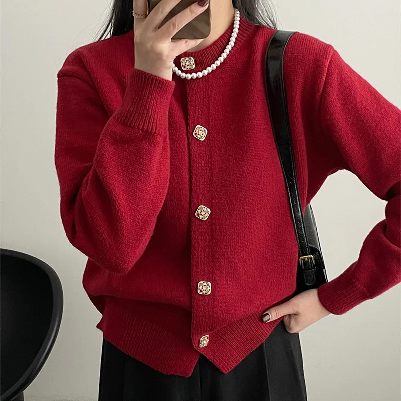 Вязаный кардиган с круглым вырезом для женщин осень 2024 женская одежда новый