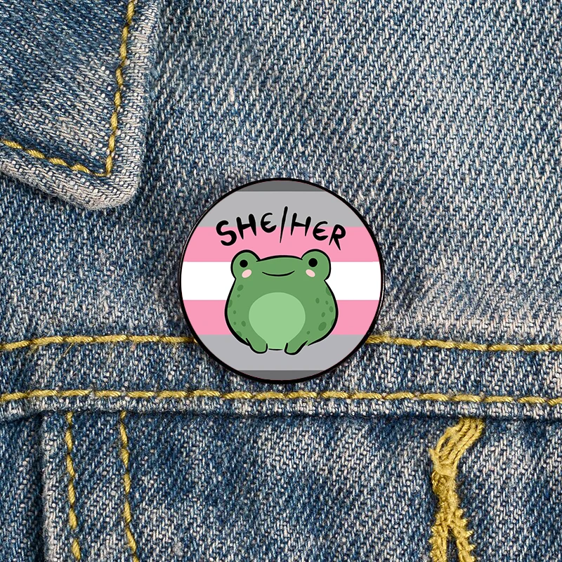 

Demigirl Pride She her pronoun frog Pin Custom cute Brooches Shirt Lapel teacher tote Bag backpacks Badge gift pins for women