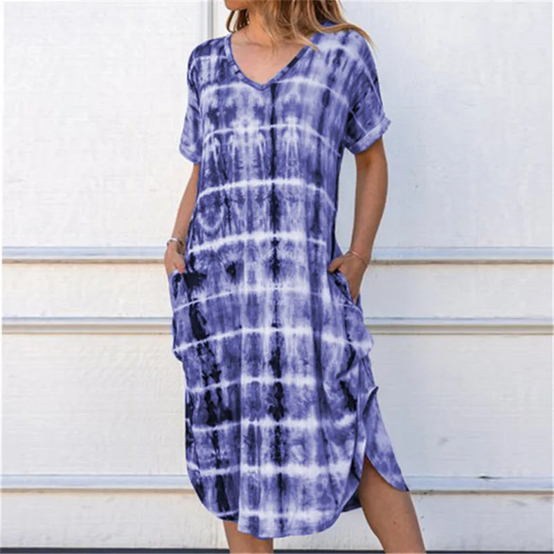 

Women's New Summer Casual Dress Short Sleeve 2022 Tie-dye Printed MIDI Dress with V-neck Side Loose Slit Printed Dress