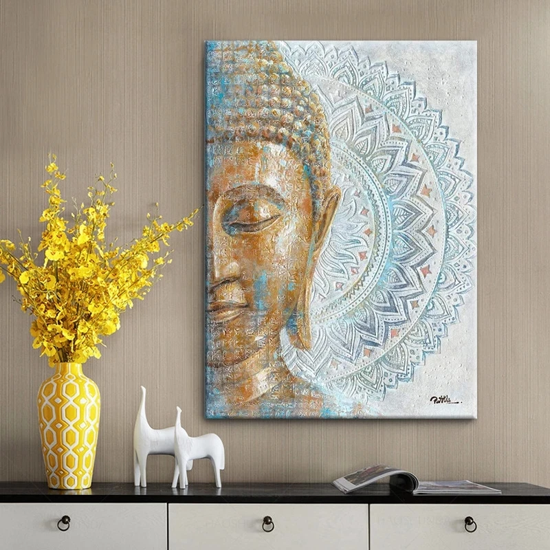 

Gold Buddha Canvas Wall Art: Mandala Flower Blossom Buddha Painting Zen Print Picture on Blue for Yoga Meditation Room Bedroom