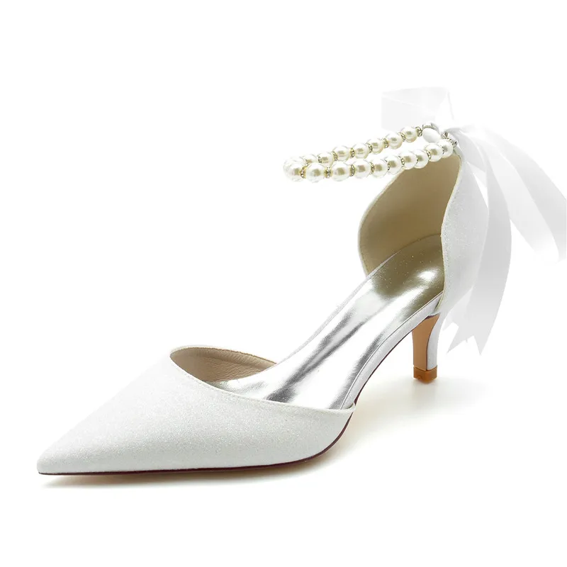 

Блестящие свадебные туфли на среднем каблуке с жемчугом для невесты с острым носком и лентой на выпускной вечерние туфли-лодочки женские сандалии свадебные туфли на каблуке
