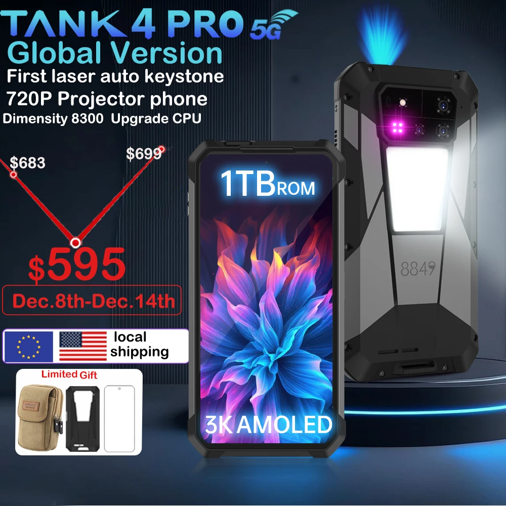 Фото 8849 Tank 4 Pro Unihertz 5G Прочный проектор Смартфон 36G 1 ТБ Android 14 Спортивный телефон 11600 мАч Размер 8300 AMOLED 120 Гц №1