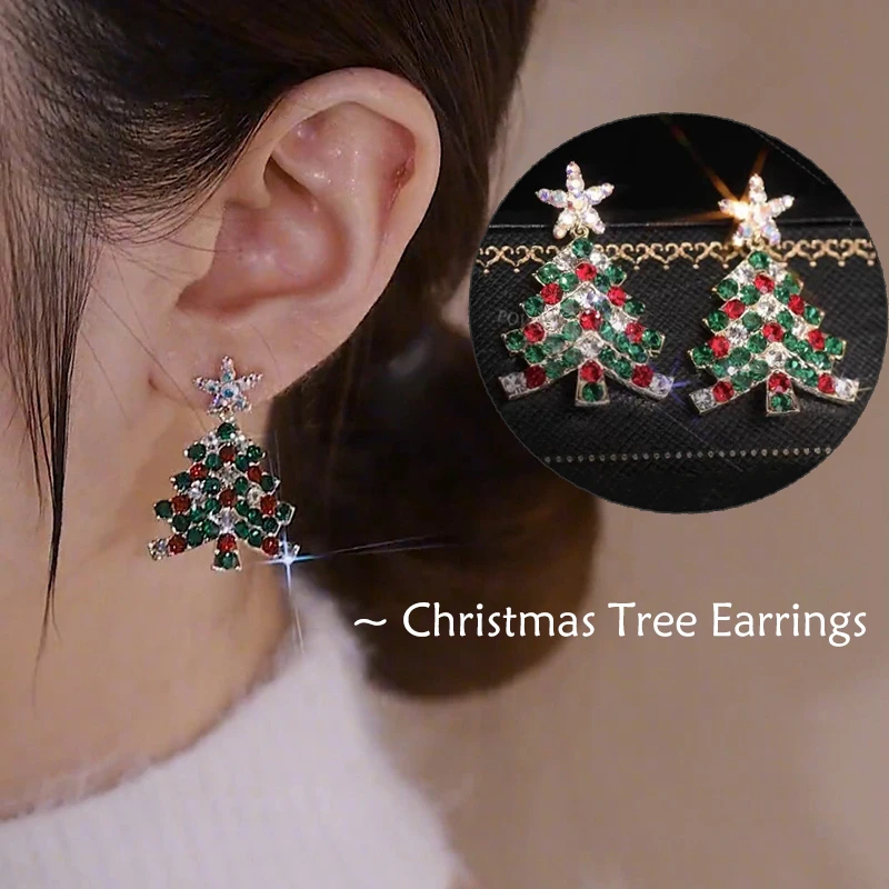 

Exquisite Luxury Colorful Zircon Christmas Tree Earrings Women's Crystal Five Point Star Earrings New Year Party Jewelry Gifts