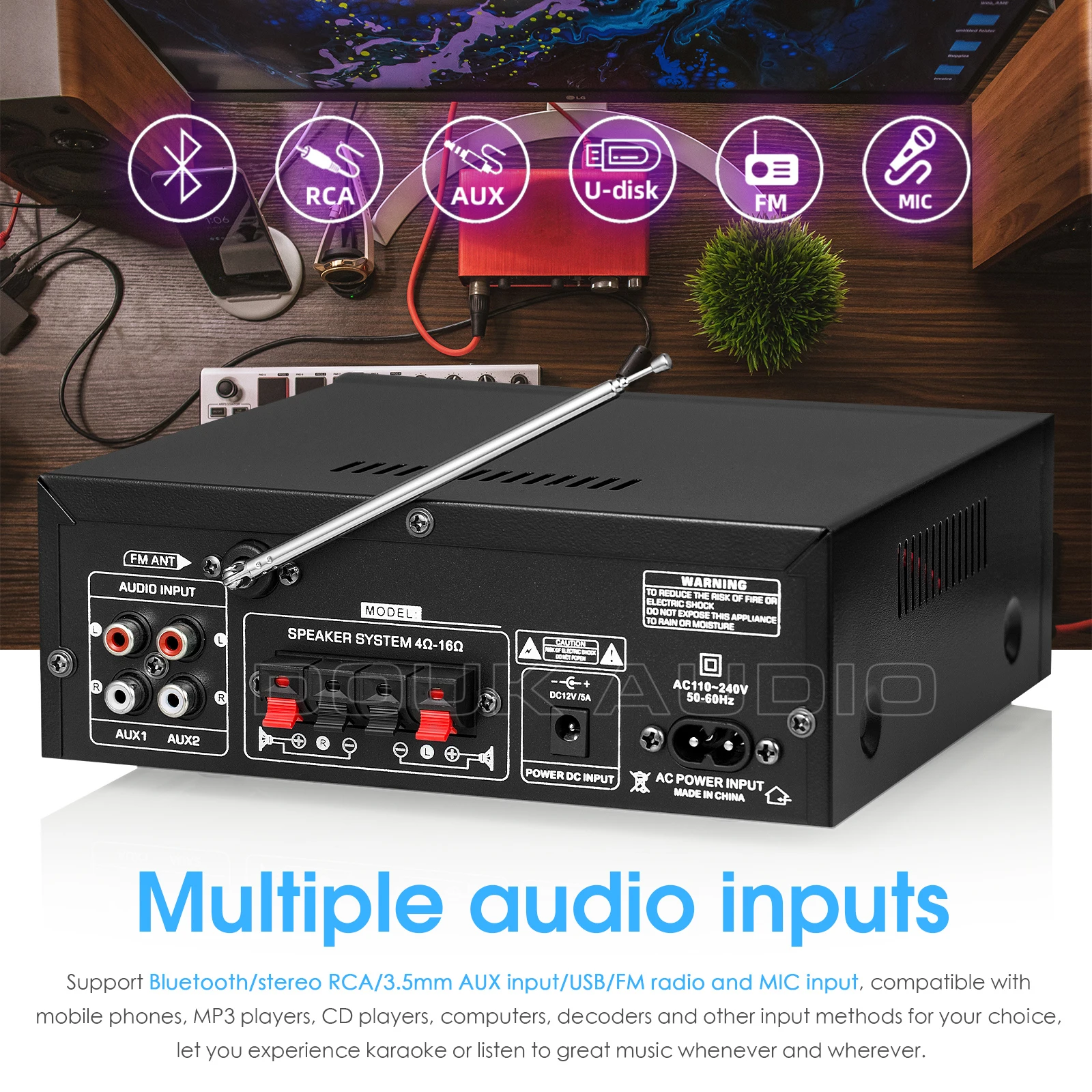 Стерео аудио усилитель AK55 Bluetooth 5 0/U-диск/FM-радио/микрофон/вход AUX 3 мм - купить по