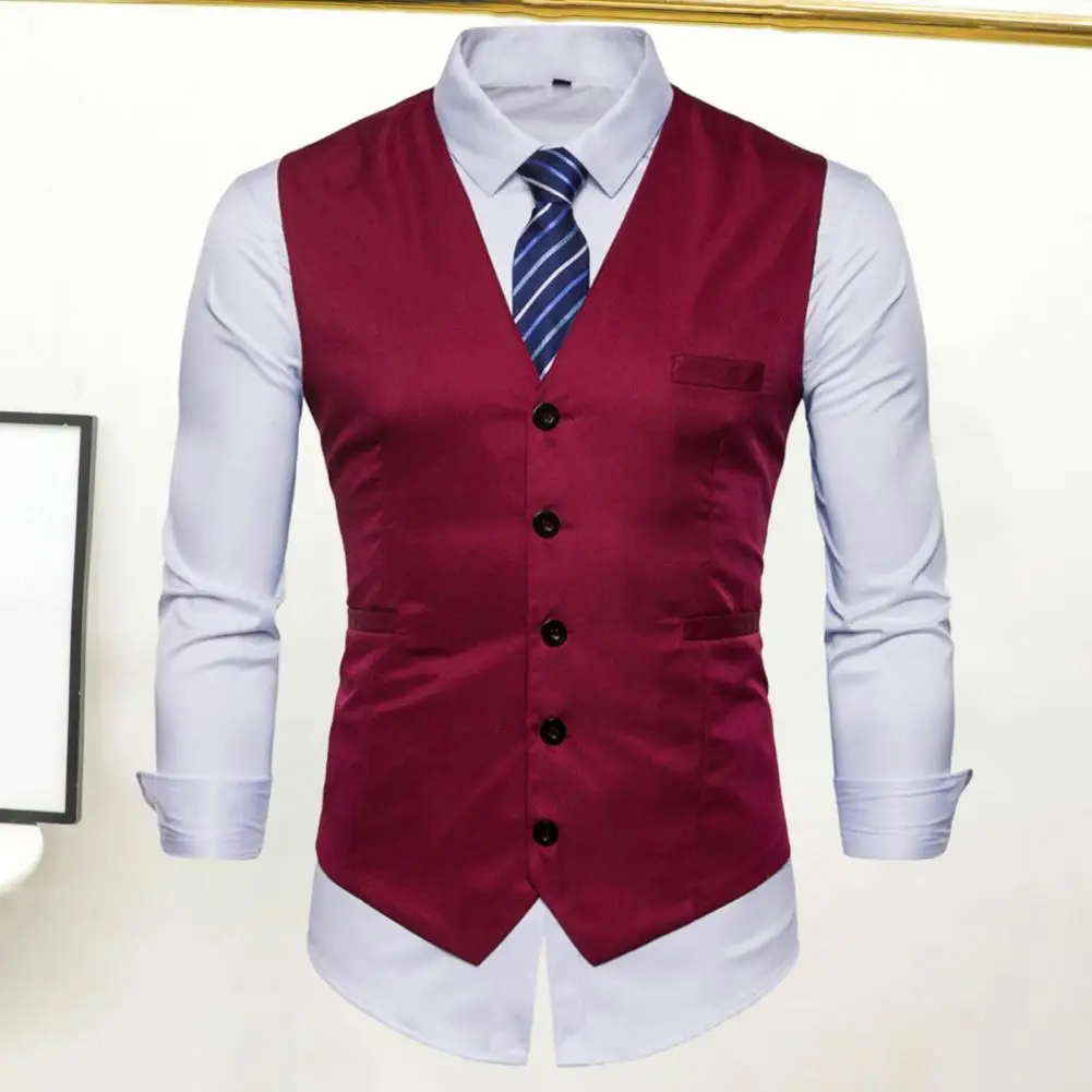 

Men Formal Waistcoat Business Vest V Neck Sleeveless Single-breasted Pockets Solid Color Buttons Slim Fit Groom Groomsman Coat
