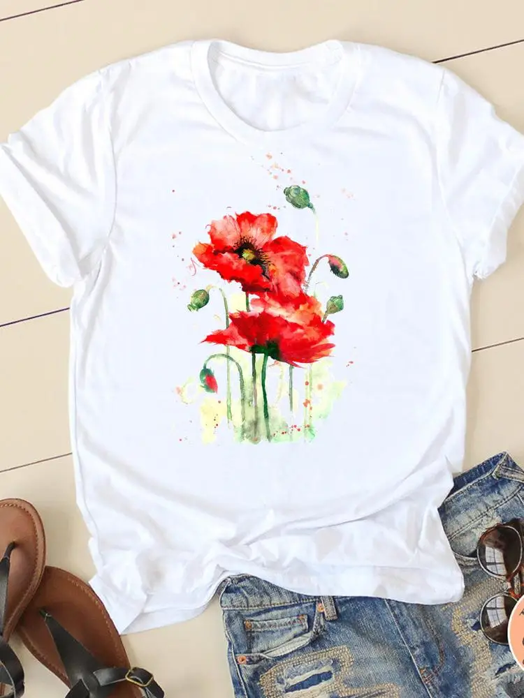 

Clothes Summer Casual Short Sleeve Ladies Print T-shirts Clothing Flower Watercolor Style Women T Fashion Female Graphic Tee
