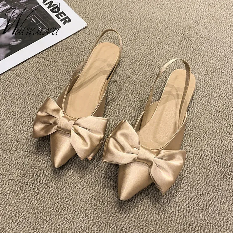 

Сандалии женские нескользящие персиковые, шелковые удобные классические туфли с бантом-бабочкой, заостренный носок, без застежки, на низко...