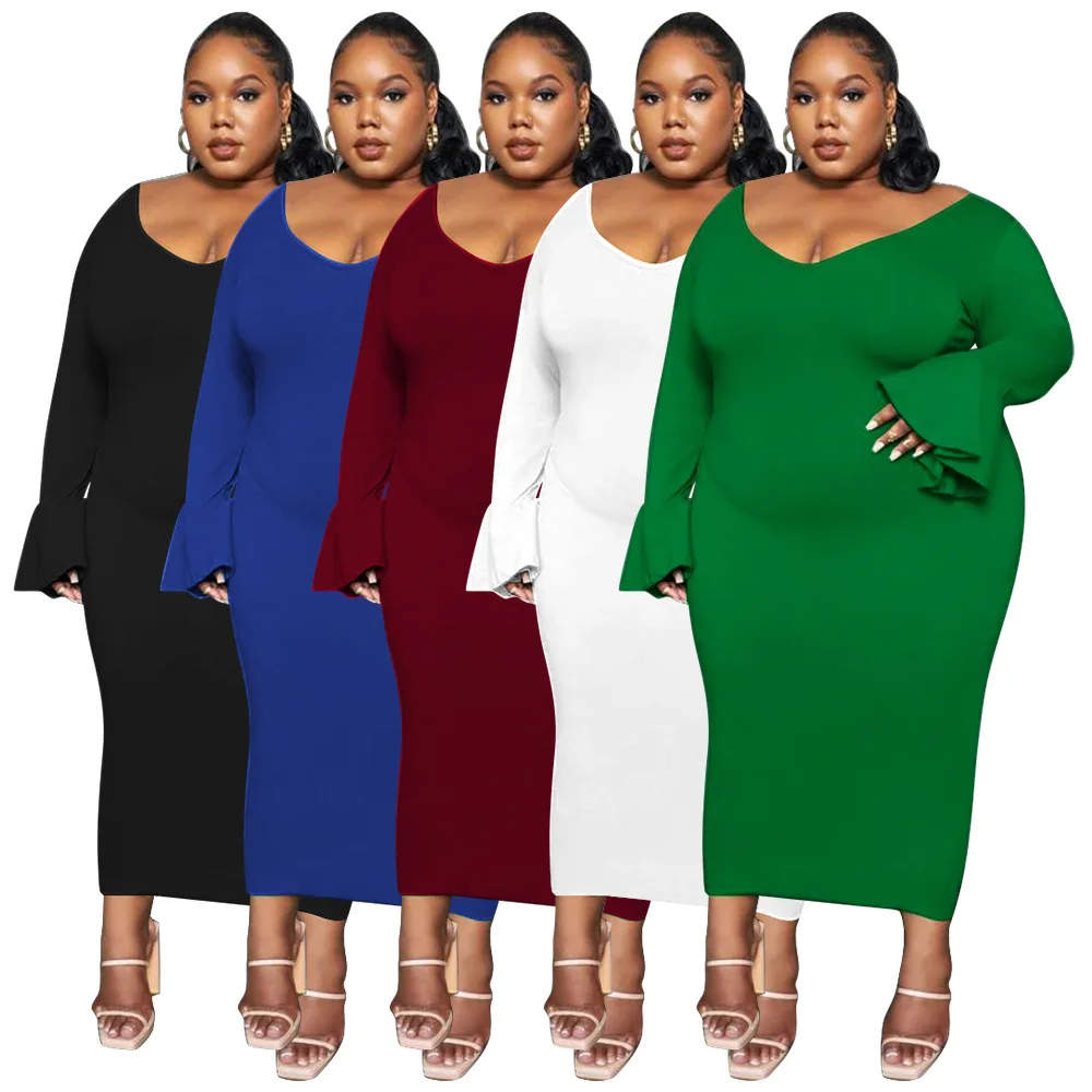 Plus Size Solid Sexy Bodycon Dress For Women Autumn V Neck Flare Sleeve Skinny Lady Vestidos Night Club Party Robes Female Wear