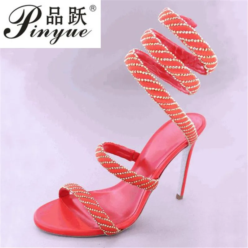 

Summer High Heels Sandals Woman Rhinestone Ankle Snake Twine Around Runway Shoes Women Crystal Stiletto Gladiator Sandals 43