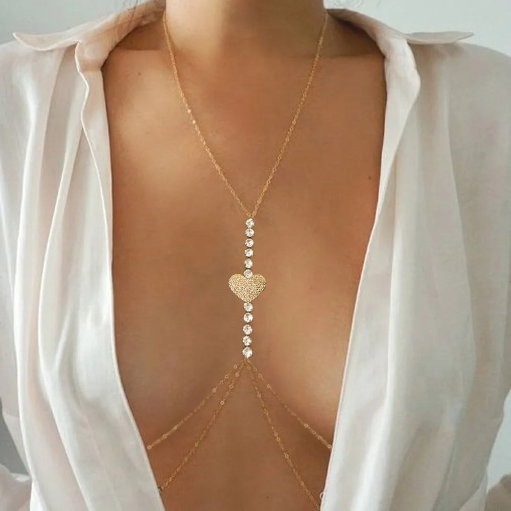 

2022 Trendy Simple Heart Rhinestone Chest Chain Harness for Women Sexy Beach Bikini Crystal Bra Body Chain Festival Jewelry Gift