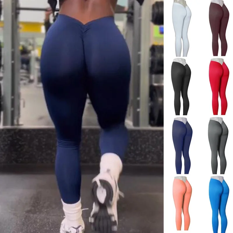 

Nylon Back V Butt Yoga Pants Women High Waist Fitness Workout Gym Running Scrunch Leggings Seamless Trousers Jogging Active Wear