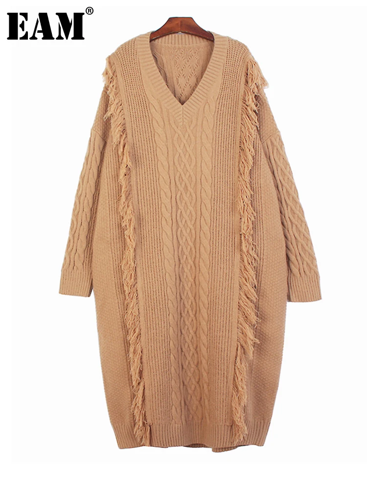 

[EAM] Women Khaki Tassels Big Size Knitting Long Dress New V-Neck Long Sleeve Loose Fit Fashion Tide Autumn Winter 2023 1DF2275