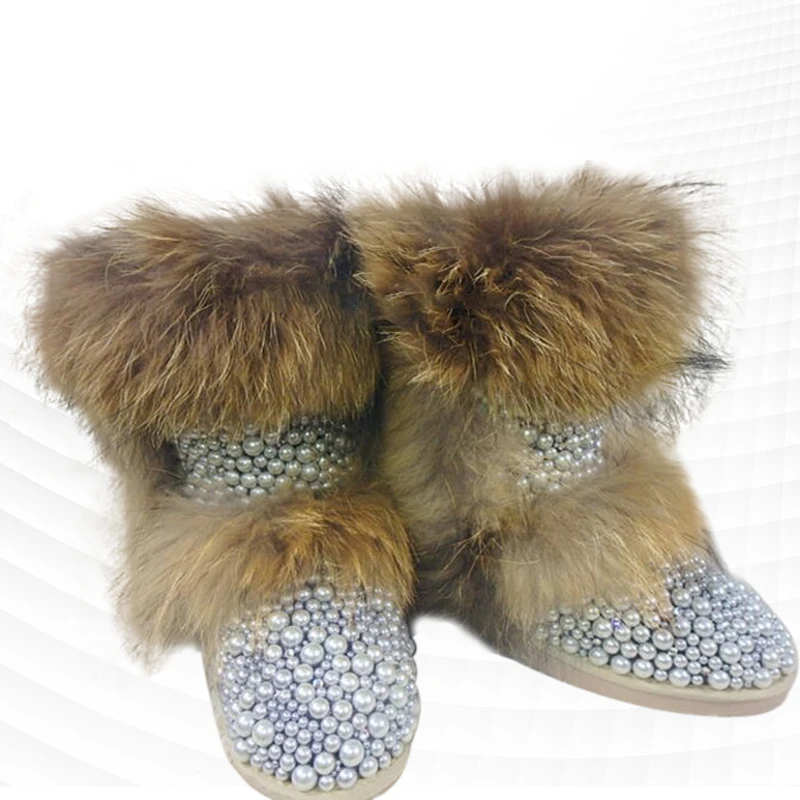 

Fur integrated plush cotton boots comfortable long-haired handmade pearls comfortable plus velvet thickening 35-44