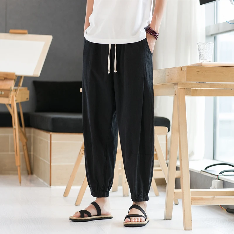 

Шорты мужские с широкими штанинами, из хлопка и льна, свободные тонкие повседневные штаны из хлопка и льна, модные штаны с завязками, лето-осень 2023