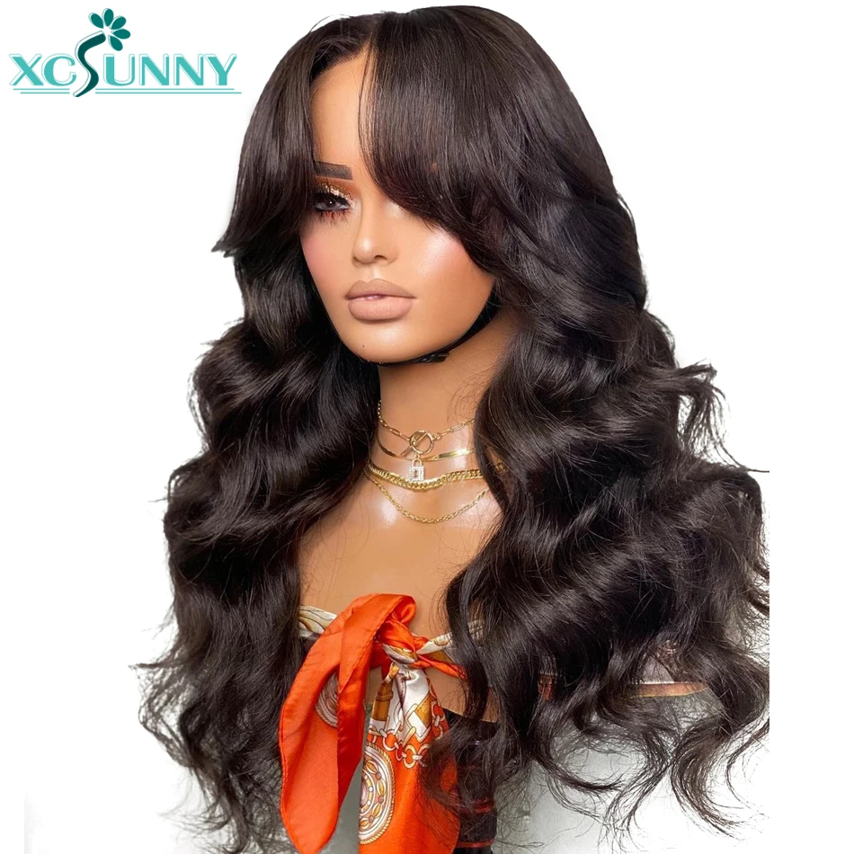 13x6 Lace Front Wig With Bangs Fake Scalp Lace Frontal Boby Wave Wig Preplucked And Bleached Knots Brazilian Wavy Human Hair Wig
