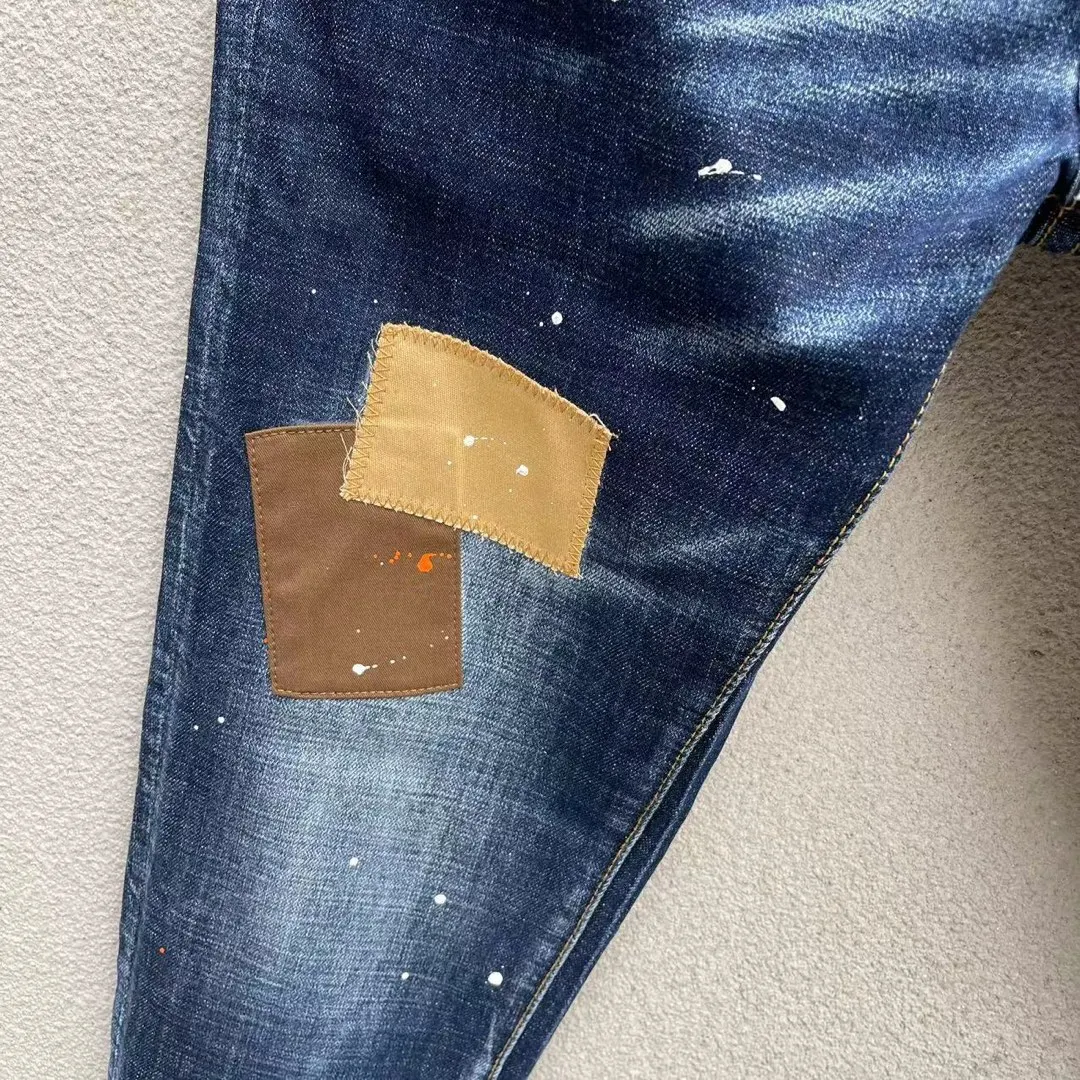 2023 Spring/Summer New D2 Jeans Men's Fashion Men's Washed and Worn Hole Patch Paint Speckled Ink Micro Elastic Small Feet Black
