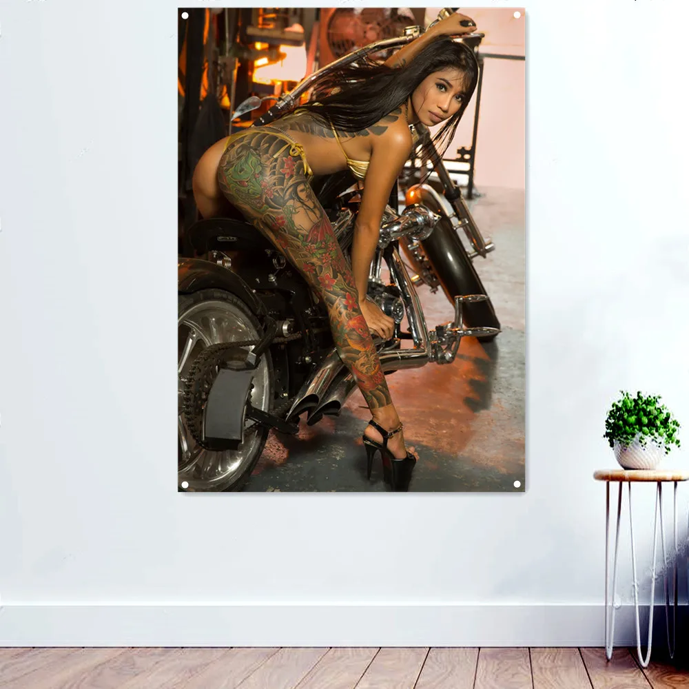 

Full Tattooed Girl Motorcycle Wall Paintings Repair Shop Garage Home Decorative Banner Posters Prints Hanging Flag Gift for Man