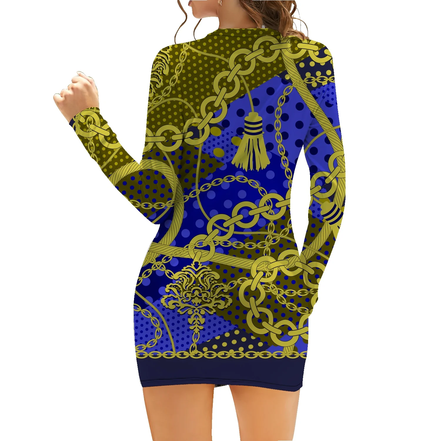 

Baroque Zipper Sexy Long Sleeve Dress Women's Fashion Half Turtleneck Slim Fit Cotton Long Sleeve Short Package Hip Skirt