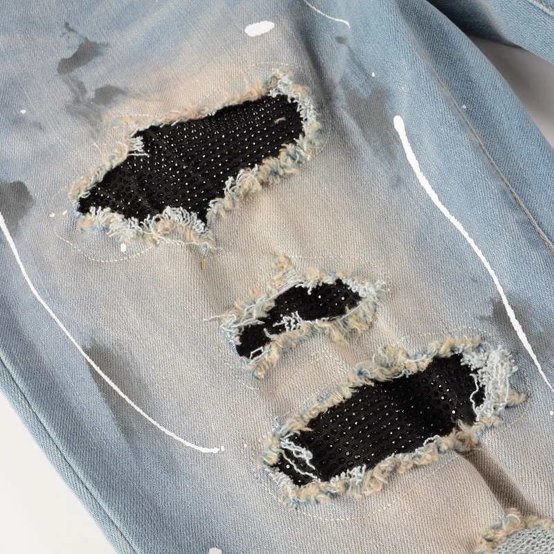 Men's Distressed Light Blue Streetwear Stretch Skinny Black Rhinestons Destroyed Holes Graffiti High Street Slim Fit Brand Jeans