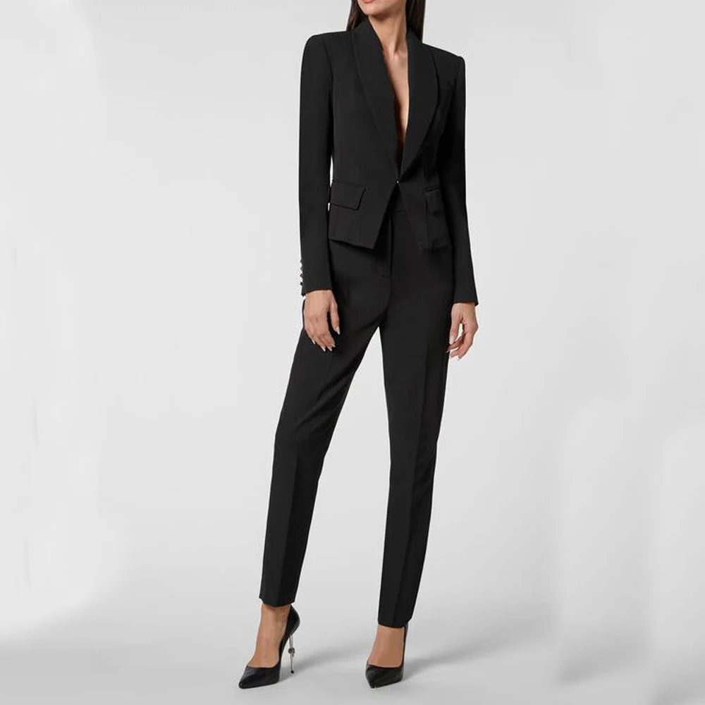 Hidden Buckle Traf Suit + Pants 2-piece Set Shawl Collar Women's Suit Luxury Customizable Size and Color Elegant Women's Sets