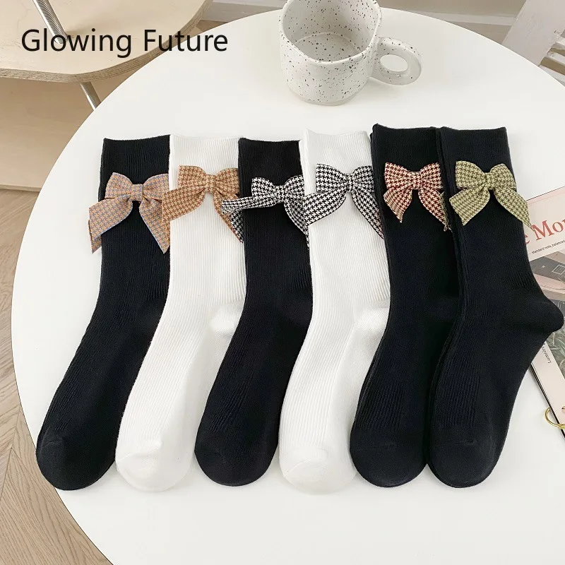 

Lolita Black White Kawaii Sweet Women Socks Fashion Bow Korean Japanses Style Cute Solid Crew Female Sokken Harajuku Slouch Sox
