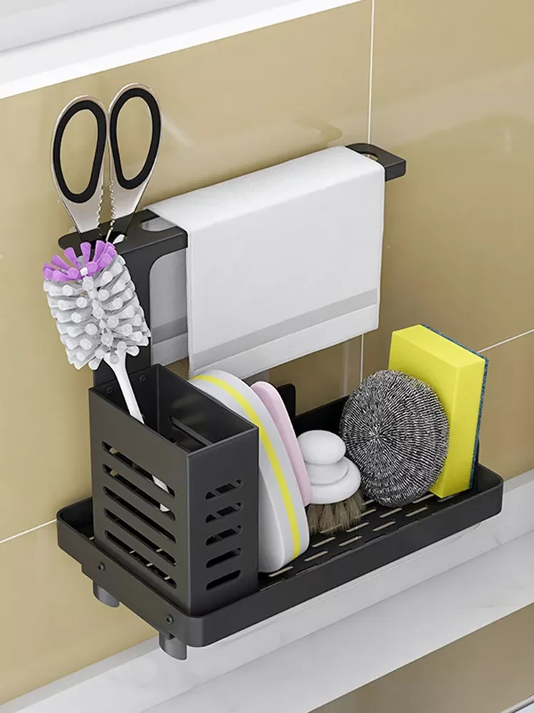 

Simple Kitchen Sink Caddy Organizer Stainless Steel Sponge Soap Brush Holder With Drain Pan Premium Kitchen Drying Rack