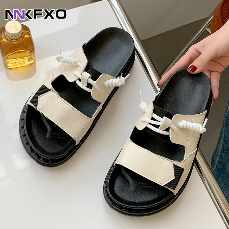 

Шлепанцы женские на платформе, сандалии на шнуровке, повседневная обувь на плоской подошве, уличные тапочки, модный дизайн, летние