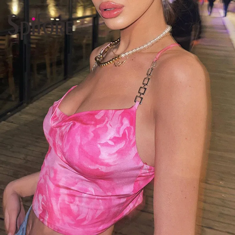 

Spifore Floral Print Sexy Camis Off Shoulder Chain Halter Crop Top Summer Backless Mini Vest New Fashion Street Club Tanks Women