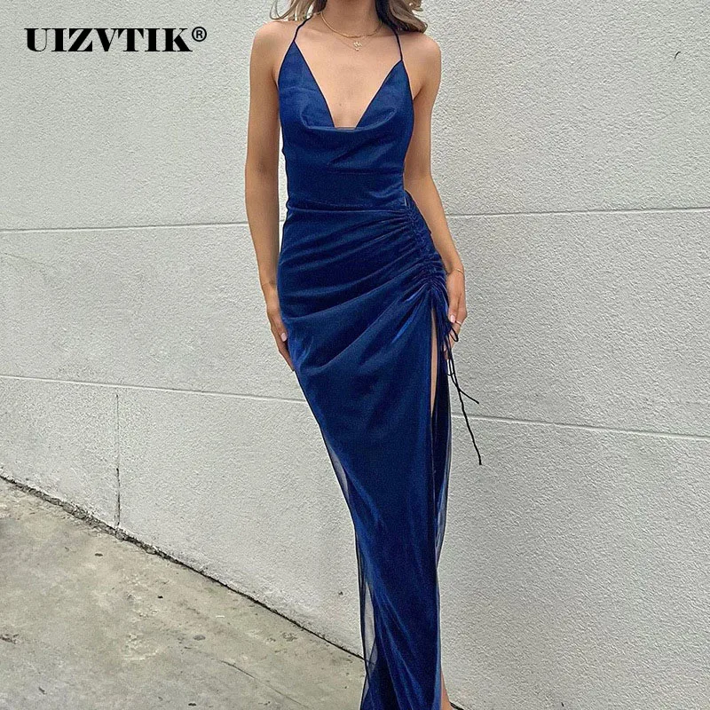 

Sexy V-Neck Backless Sling Drawstring High Slit Midi Dress Female Elegant Summer Dresses for Women 2022 Long Evening Party Dress