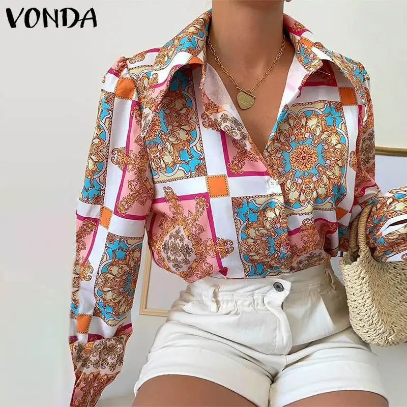 

Printed Blouse 2022 VONDA Women Vintage Lapel Collar Button Up Tops Sexy Button Up Pleated Long Sleeve Blouse Blusas Femininas