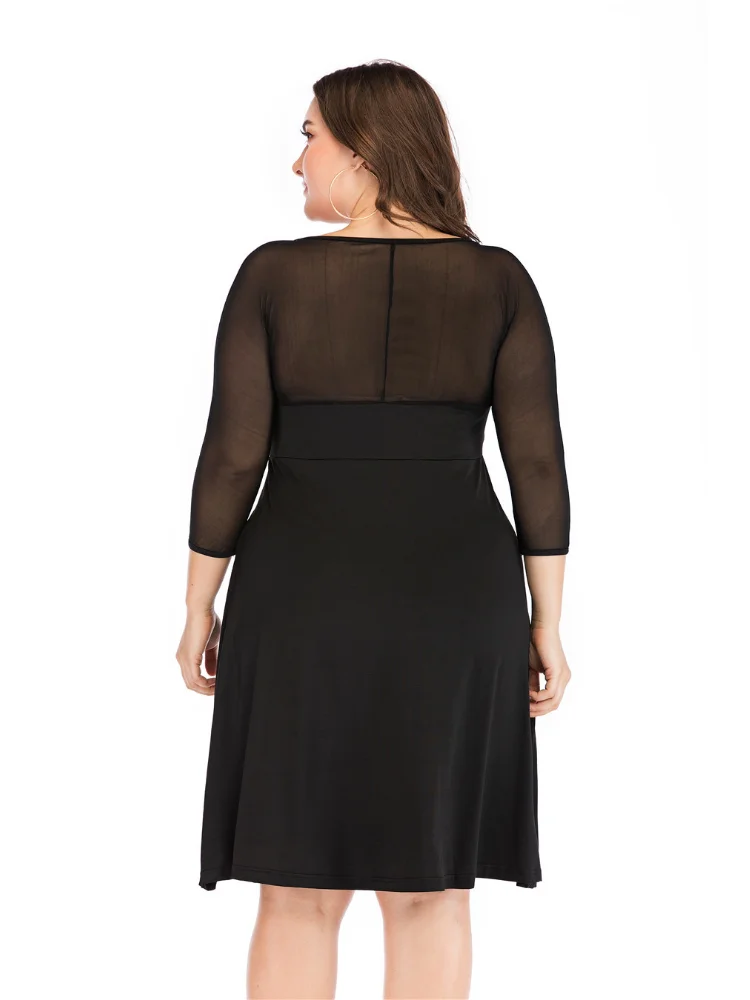 Women's Spring New Mesh Long Sleeve Spliced Solid Color Waist Large Dress plus size women clothing  party dress