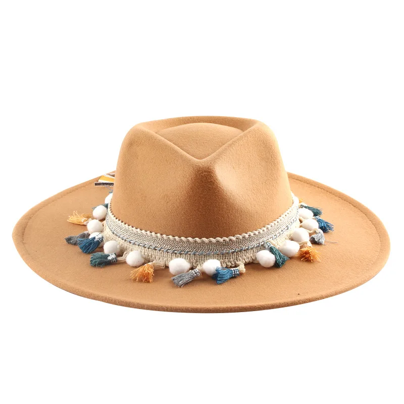 

Женская фетровая шляпа унисекс, осенне-зимняя шляпа с большими полями и кисточками, 9,5 см