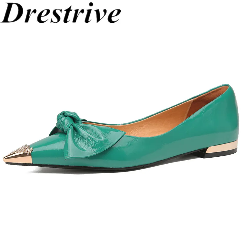 

Drestrive Women Flats Metal Pointed Toe Butterfly Knot Patent Leather Shallow Low Heels Big Size 42 Green Pumps Summer Shoes