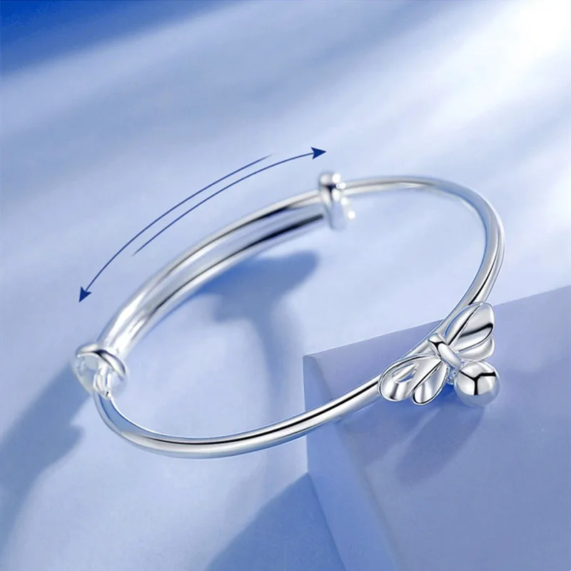 

Fine Adjustable size 925 Sterling Silver Bangle cuff Bracelet Bow Round Charms jewelry For Women wedding Lovely Nice
