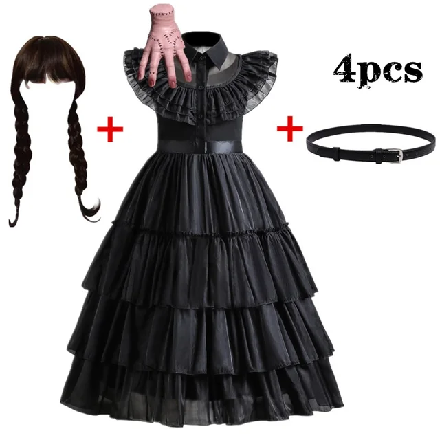 Girls Wednesday Addams Cosplay Costumes for Kids Gothic Mesh Black Dress Halloween Carnival Party Children Clothes Vestido 1