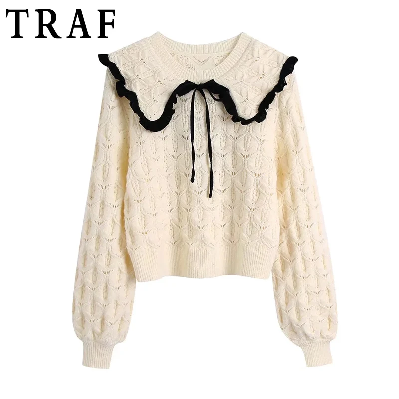 

Милый женский свитер с бантом TRAF, вязаный пуловер, женские свитера, зимние теплые милые вязаные укороченные пуловеры с длинными рукавами-фо...