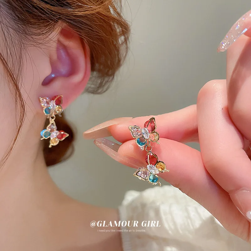 Sweet Cute Sliver Needle Colorful Crystal Butterfly Dangle Earrings for Women Fashion Elegant Earrings Kpop Lovely Jewelry Gift