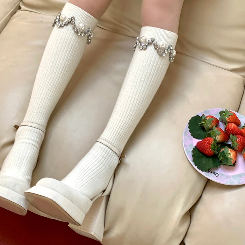 White Calf Socks Stacked Socks Rhinestone Pearl Socks Gray Bunching Socks Girl