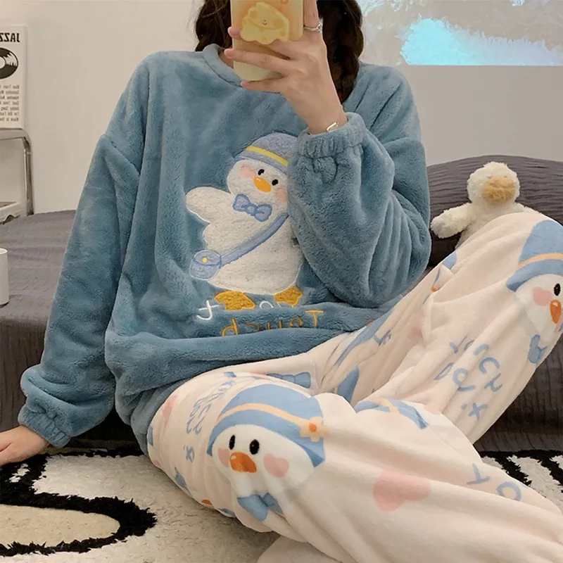 

Flannel Women'S Pajamas Set Autumn Winter New Warm Long-Sleeved Trousers Two-Piece Set Cute Soft Home Wear Clothes For Women