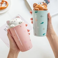 cute cat mugs coffee cups kawaii ceramic cups with lid straw large tea milk water breakfast cup drinkware birthday gift 480ml