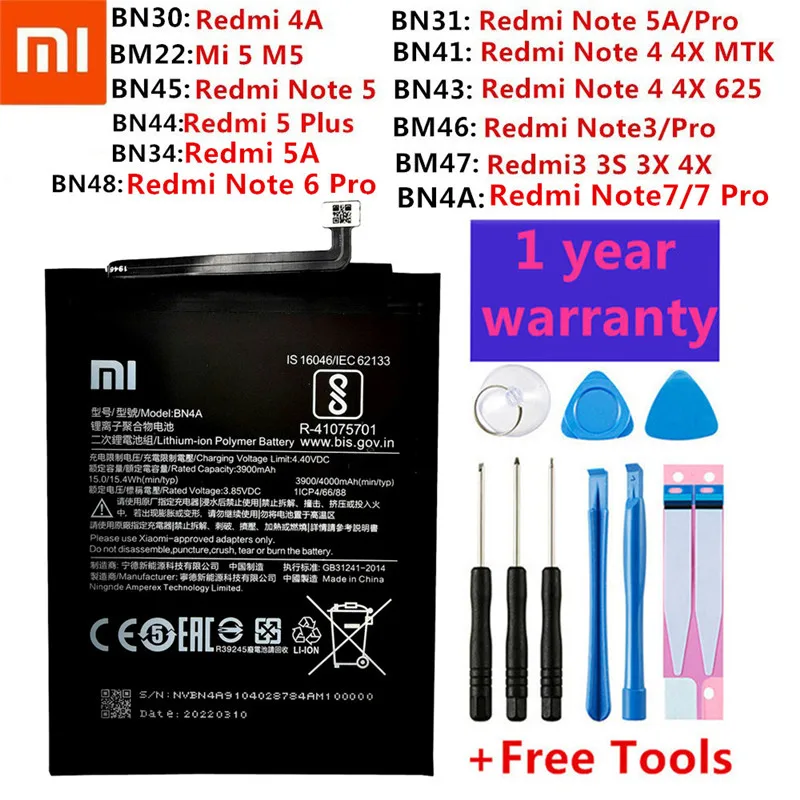 

100% Оригинальный запасной аккумулятор для Xiaomi Redmi Hongmi Note MI A1 Y1 3 3S 3X 3 4 4X 4A 5 5A M5 5X Mi5 6 7 Plus Pro батареи