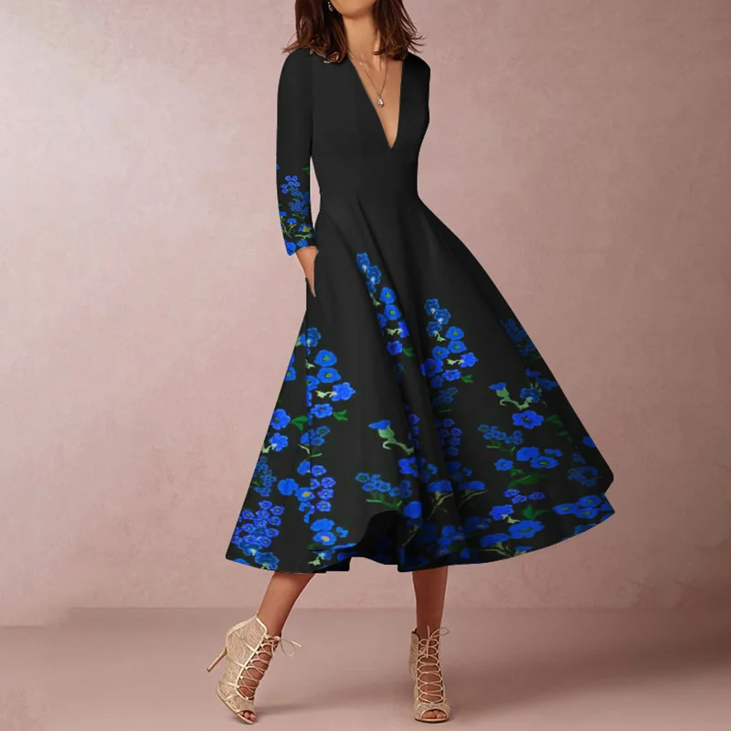 

Spring Autumn Women Deep V-neck Mid-length Dress Printed Casual Long Sleeves Elegant Commuting Office Female Party Dresses