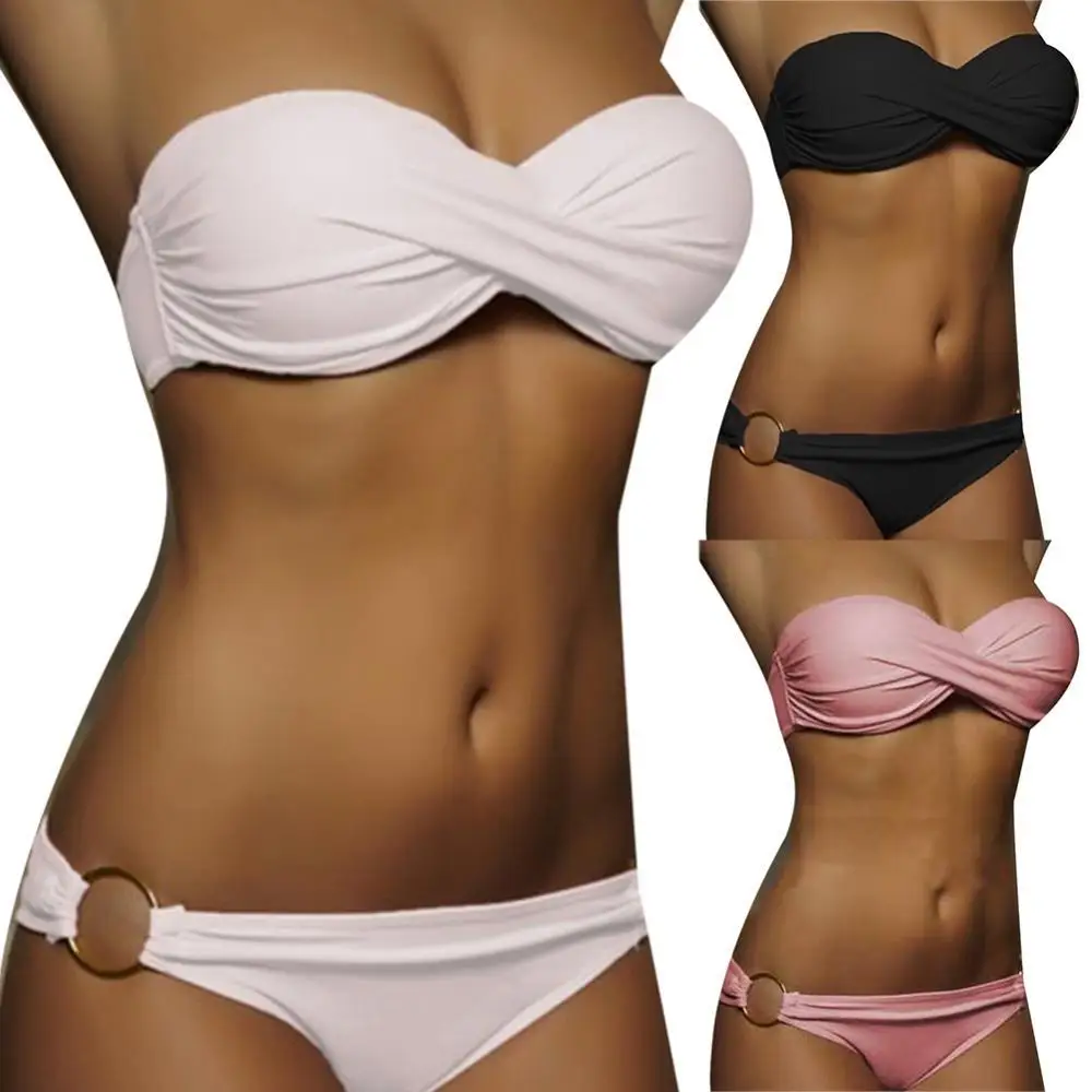 

2Pcs Sexy Bikinis Set Women High Waist Strapless Push Up Bra Solid Color Knot Padded Bras Briefs Bikini Set Swimwear Swimsuit