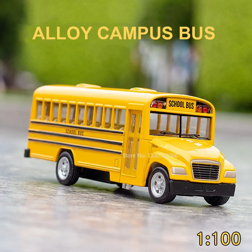 

1:100 Simulation Alloy Diecast Campus Bus Toy Car Model Ornament With Pull Back Metal Toy Vehicles Door Can Be Opened Kids Toys