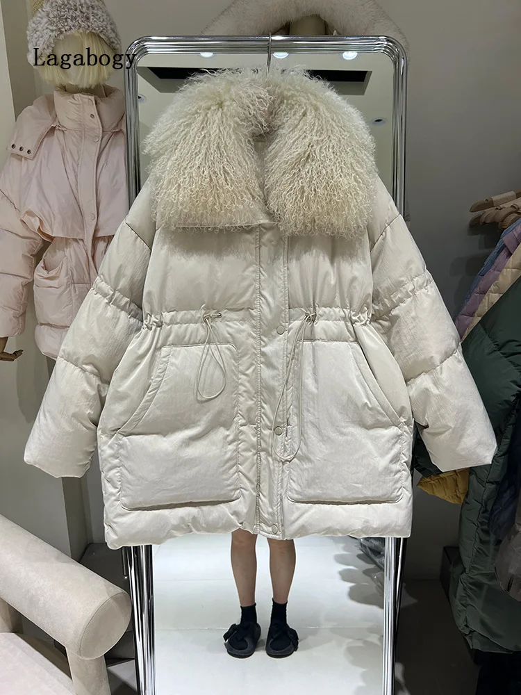 

Lagabogy 2022 Winter Large Real Lamb Wool Collar Puffer Jacket Women 90% White Duck Down Coat Hight Waist Loose Snow Warm Parkas