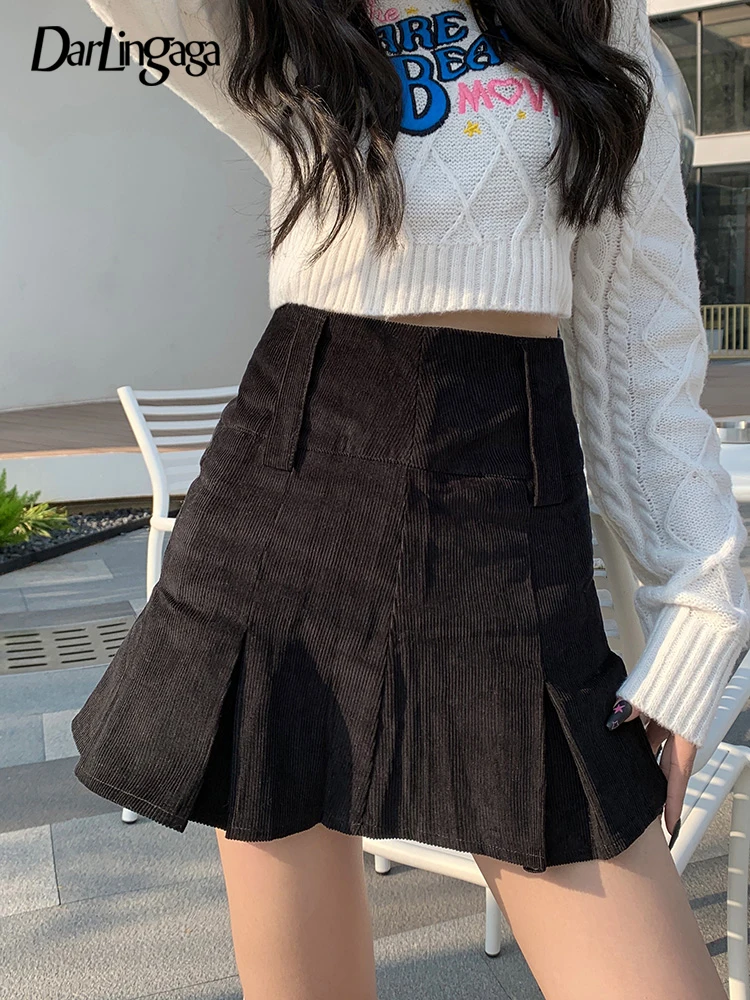 

Darlingaga Vintage Fashion Black Autumn Corduroy Skirt Women High Waist Solid Preppy Style Y2K Pleated Skirt Mini Party Outfits