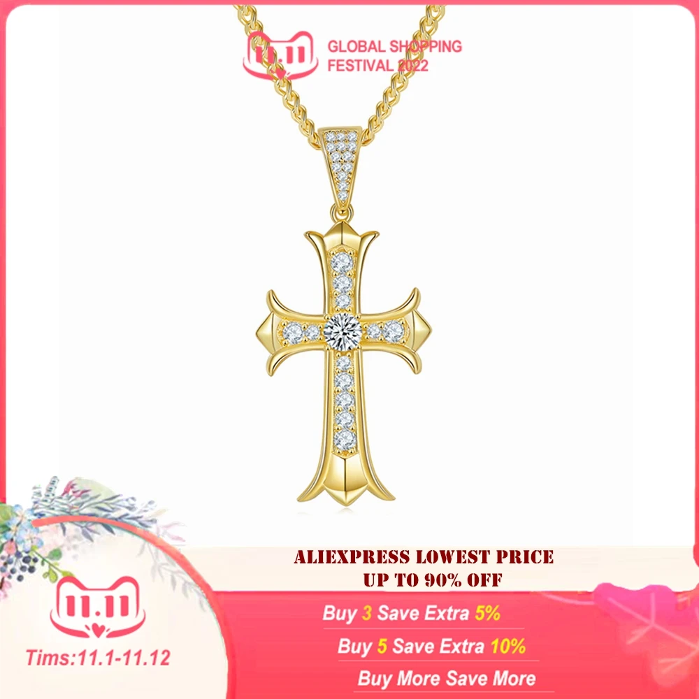 IsRabbit 18K Gold Plated 5MM Moissanite Anniversary Cross Pendant Necklace 925 Sterling Silver Hiphop Rock Jewelry Drop Shipping