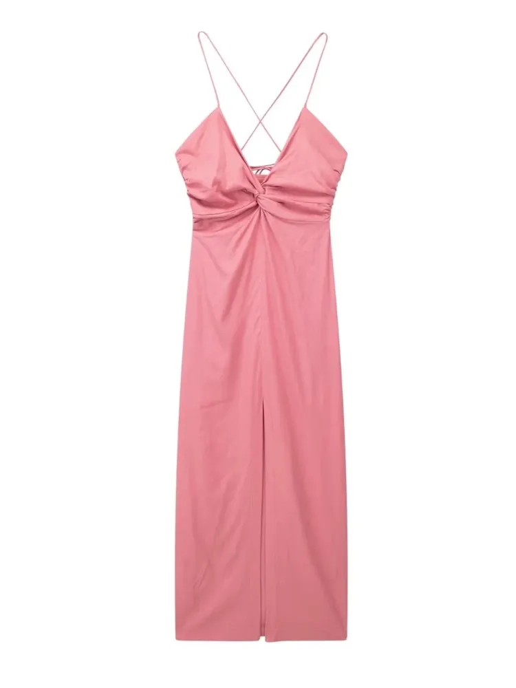 

Женское платье-миди с глубоким V-образным вырезом, однотонное элегантное платье на бретельках с завязками, с разрезом, с открытыми плечами, на лето